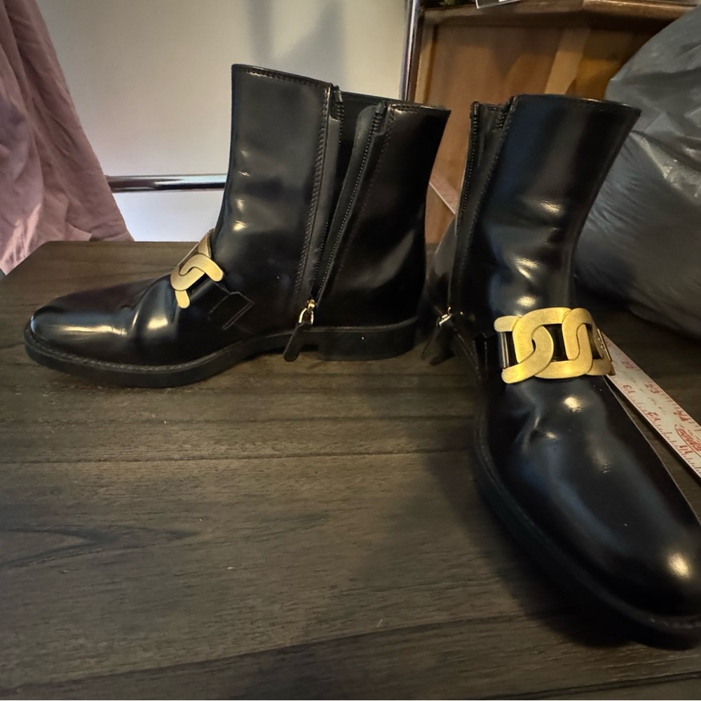 Black patent Leather Boots with Gold Chain Accent designer inspired - Picture 4 of 6